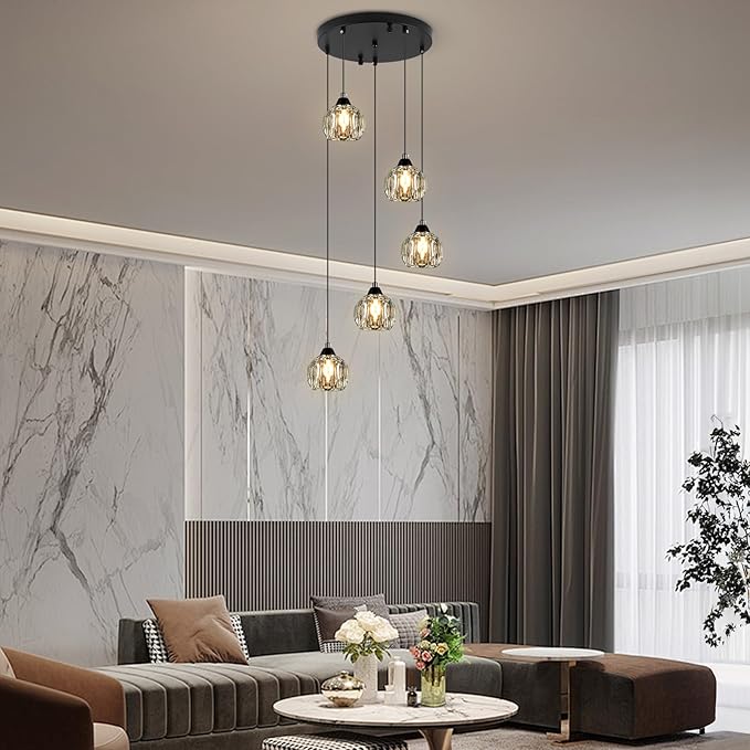 Crystal Chandeliers for Dining Room Lights Fixture Over Table, 5-Light Black Modern Pendant Light Fixture，Crystal Chandeliers for Living Room Kitchen Island Staircases Foyer Hallway Bar