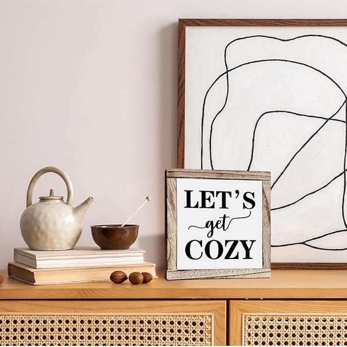 Cozy Bedroom Décor, Let's Get Cozy, Home Décor, Farmhouse Table Décor, Farmhouse Decor for Shelves, Home Decoration Sign for Shelf, Suitable for Placement on Living Room or Bedroom Shelves
