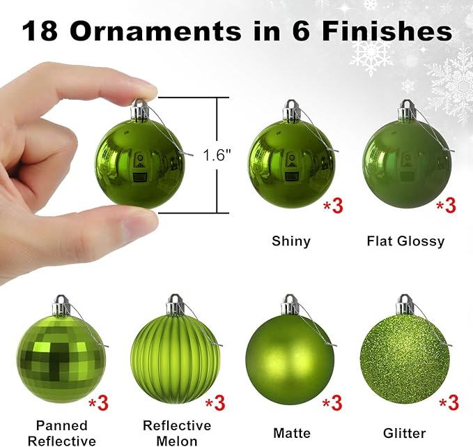Lime Green 1.6" Small Christmas Balls Christmas Tree Decoration Ornaments Shatterproof Hanging Balls for Birthday Halloween Holiday Wedding Decorations Set of 18pcs