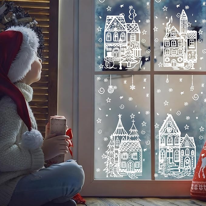 4 Sheets Christmas Window Clings White Christmas Snowflake Window Stickers, PVC Snowflake Window Decals Decoration for Xmas Party Supplies Home Decor