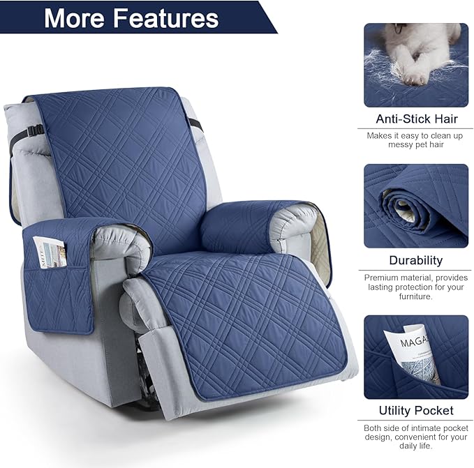 TAOCOCO Waterproof Recliner Chair Cover, Non Slip Oversized Recliner Covers for Recliner Chair with Pocket, Reclining Chair Cover Furniture Protector for Kids, Pets(Oversized Recliner, Ocean Blue)