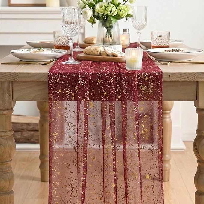 Artoid Mode Burgundy Gold Gauze Table Runner 120 Inch 10FT, Glitter Metallic Foil Sheer Dining Wedding Anniversary Holiday Birthday Table Decor for Home Party