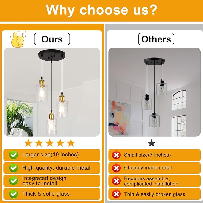 Modern Pendant Lights Kitchen Island,No Assembly Required Farmhouse Kitchen Island Lighting+Clear Hammered Glass Shade,Industrial Hanging Pendant Lights Fixture for Kitchen Island Dining Room