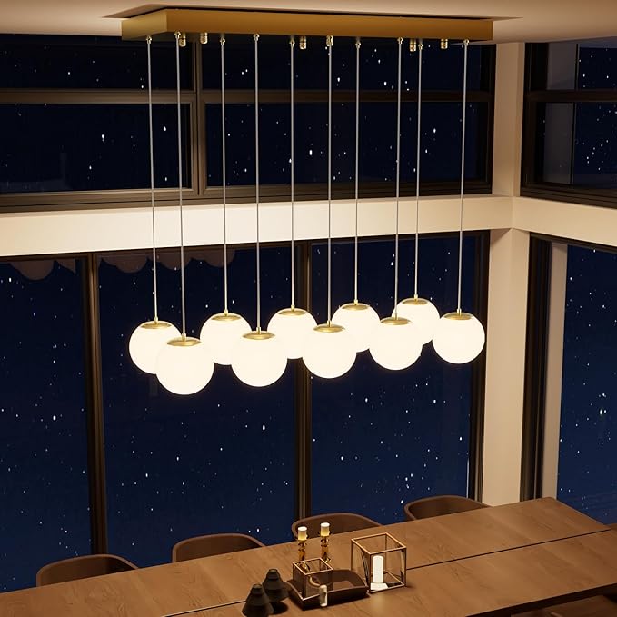 10-Lights Globe Chandelier Gold Pendant Lighting Fixture Hanging Ceiling Light for Dining Room, Kitchen Island,High Ceiling Chandelier Glass Ball Hanging Lighting for Living Room Staircase Entryway