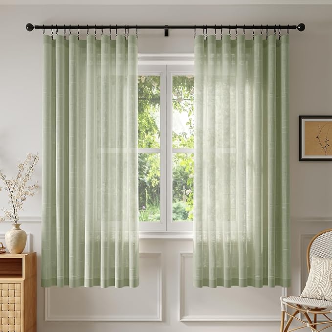 Anmao Natural Linen Curtains for Living Room 72 Inch Length 2 Panels Set, Light Filtering Semi Sheer Window Curtain Drapes for Bedroom with Curtain Rings and Clips, 52Wx72L, Sage Green