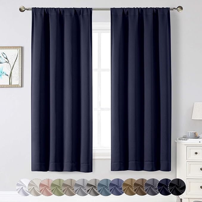 Navy Blue Blackout Curtains for Bedroom Living Room 63 Inch Length 2 Panels Set, Soft Solid Room Darkening Thermal Window Treatments, Rod Pocket Dining Room Curtains, Navy Blue, 40" Wx63 L