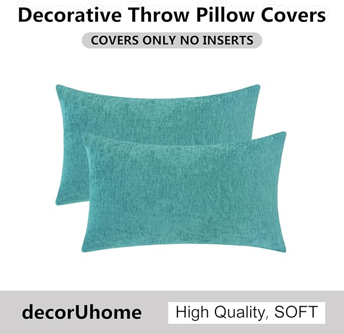 decorUhome Chenille Turquoise Throw Pillow Covers 12x20 Inch Set of 2, Decorative Soft Couch Pillow Covers Solid Dyed Accent Farmhouse Neutral Rectangle Pillow Cases for Sofa Bed Living Room