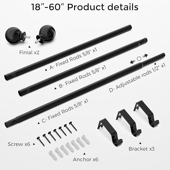 Matte Black Curtain Rods 18 to 60 Inches(1.5-5 Feet),5/8 inch Splicing Drapery Rods,Small Curtain Rods Set,Size: 18''-60'',Matte Black