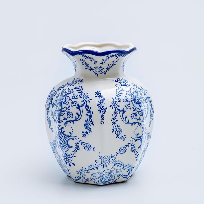 Blue and White Ceramic vase, Chinoiserie Floral Scroll Design with Wavy Blue Rim, Hand Painted Mantel Decor, Porcelain, Home Decor (Small, Mantangchun)