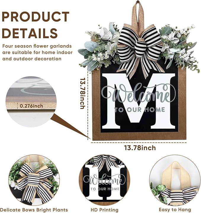 Ultra Large 14'' Last Name All Year Round Front Door Wreath with 26 Initial Letter Welcome Sign All Seasons Eucalyptus Garland and Bow Wreaths for Front Door Porch Farmhouse Decoration (M)