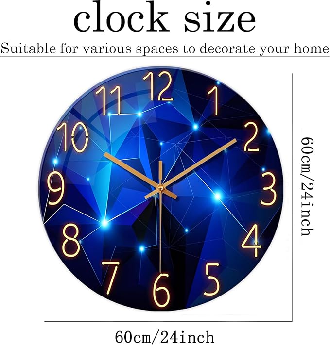 Extra Large Wall Clocks for Living Room Decor 24 Inch Glass Blue Clock Battery Operated Analog Silent Wall Clock Modern