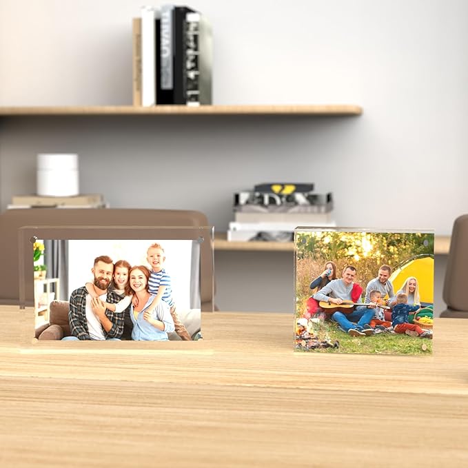 ILYXY 2 Pack Acrylic Frame 8x8, 20% Thicker, 24mm Thick Frameless Clear Square Picture Frame, Double Sided Magnetic Photo Frame, Free Standing Desktop Display Stand Acrylic Picture Frames