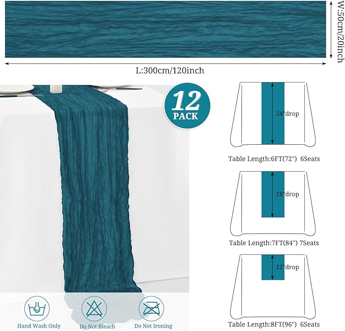 12 Pack Teal Table Runner,Cheesecloth Table Runner,Romantic Sheer Table Runner,10FT Gauze Boho Table Runner,Rustic Cheese Cloth Table Runner for Wedding Party Bridal Shower Table