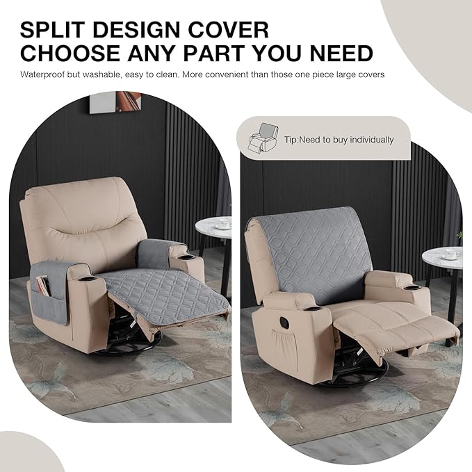 VANSOFY Recliner Chair Covers 100% Waterproof Seat Cover with Arm Reclining Cover Non-Slip Recliner Chair Covers Furniture Protector Washable Slipcover with Pocket for Pets, Dogs(Light Gray, 25")