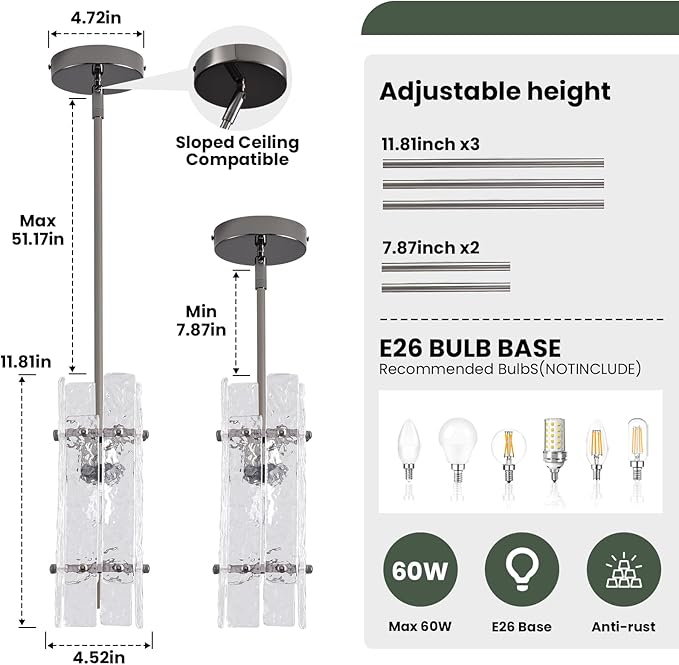 Modern Pearl Black Crystal Pendant Light for Kitchen Island, Luxury Mini Water Ripple Glass Chandelier Fixture, Square Adjustable Hanging Pendant Lighting for Dining Room Bedroom Hallway (1-Pack)