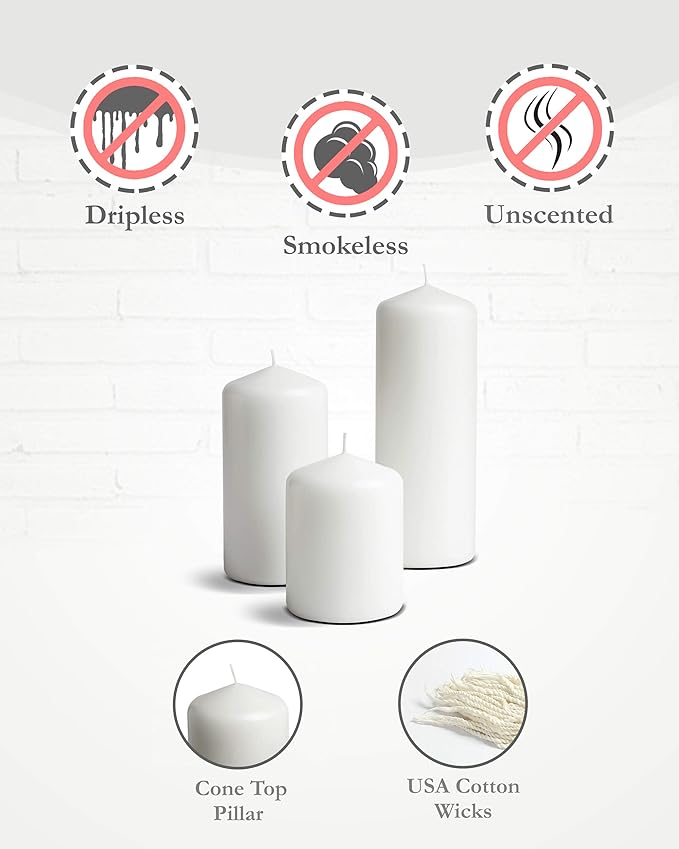 Bask Cone Top Pillar Candles - Elegant White Candles - Set of 3 White Pillar Candles - 3"x4", 3"x6", and 3" x8 - Smokeless and Dripless Decorative Candles for Home Decor and Relaxation