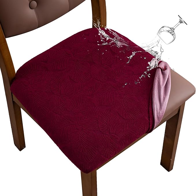 Waterproof Chair Seat Cover for Dining Room-Stretchy Washable Chair Seat Covers Set of 4-Kitchen Chair Seat Slipcovers Protector for Home Restaurant Banquet (Wine Red,Large)