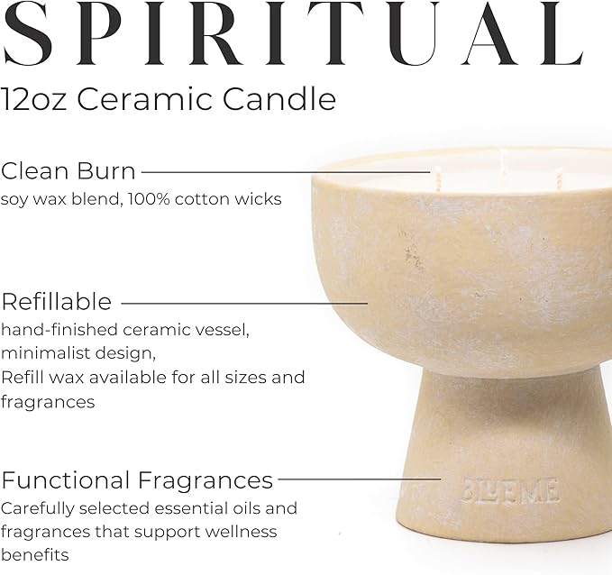 Blueme Spiritual Candle | Palo Santo & Vetiver | 3 Wick - Refillable Wellness Candle with Essential Oils, Hand Finished & Poured Soy Wax Blend Ceramic Vessel, Natural Cotton Wicks | Medium 12 oz