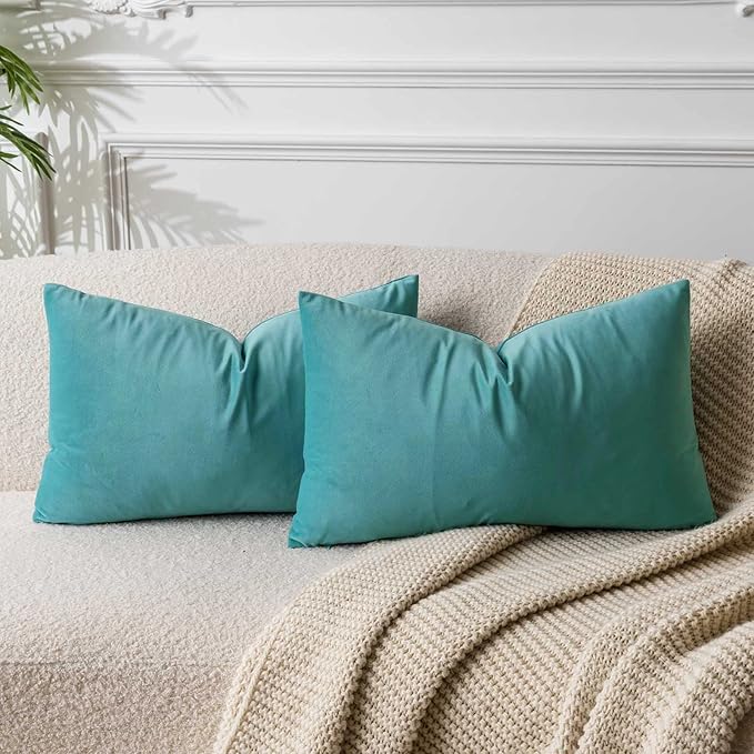 JUSPURBET 12"x20"Teal Green Velvet Throw Pillow Cover Set of 2,Decorative Soft Solid Cushion Cases for Couch Sofa Bed
