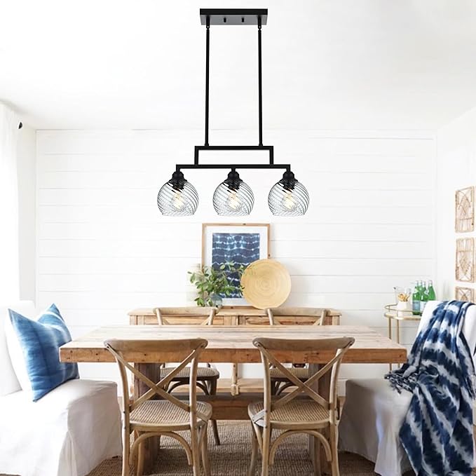3 Light Contemporary Pendant Lights Kitchen Island with Clear Striped Swirl Globe Glass, Black Hanging Ceiling Light Linear Chandeliers for Dining Room Kitchen Living Room