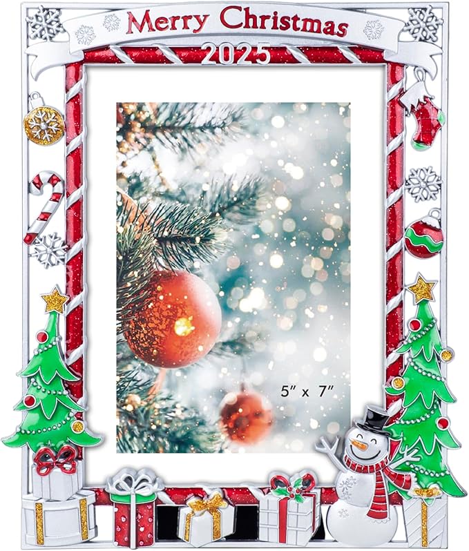GUOER Picture Photo Frame 5x7 Inch Snowflake Christmas Metal Photo Display Photo Picture Frames with High Definition Glass Front Gift Ideas Tabletop Home Decorative (2025 Merry Christmas)