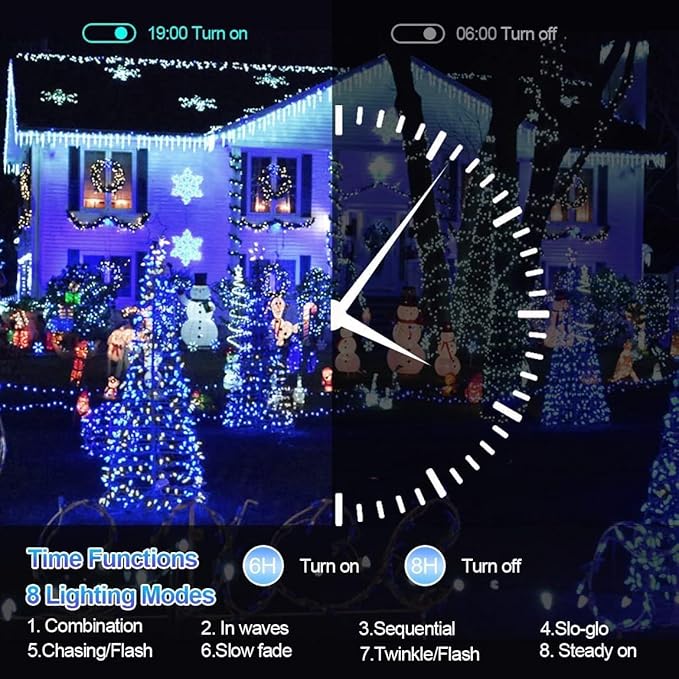 XURISEN Christmas Lights Outdoor 197FT 500 LED Green Wire String Lights 8 Modes with Timer Memory Waterproof Fairy Light Plug in for Xmas Tree Wedding Yard Party Holiday Decorations(Blue+White)