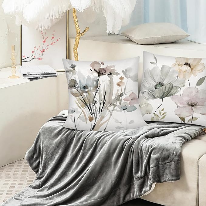 COMMINY Brown White Grey Pillow Covers 20x20 Set of 6 Flower Throw Pillow Cover for Couch Modern Decorative Watercolor Floral Cushion Cover for Sofa Bedroom Living Room Farmhouse Home Decor