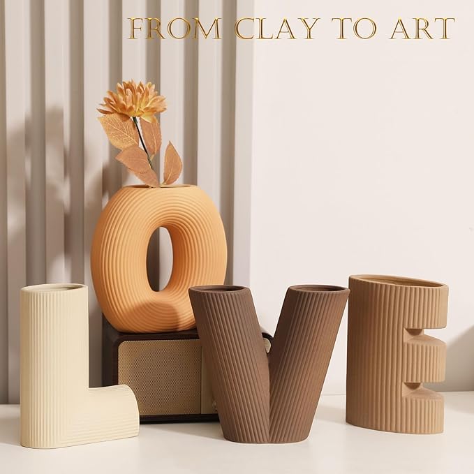 Ceramic Vase Set of 4 - Handcrafted Ceramic Vases for Home Decor & Shelf - Modern Farmhouse Decor for Kitchen, Office, Bedroom & Living Room Decorative Objects for Mantel, Table Centerpieces