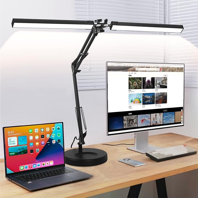 2-in-1 LED Desk Lamp, 24W Brightestwith Table Lamp with Clamp, Desk Light with Flexible Swing Arm,3 Color Modes Stepless Dimmable Double Head Architect Desk Lamps for Home Office Workbench Reading