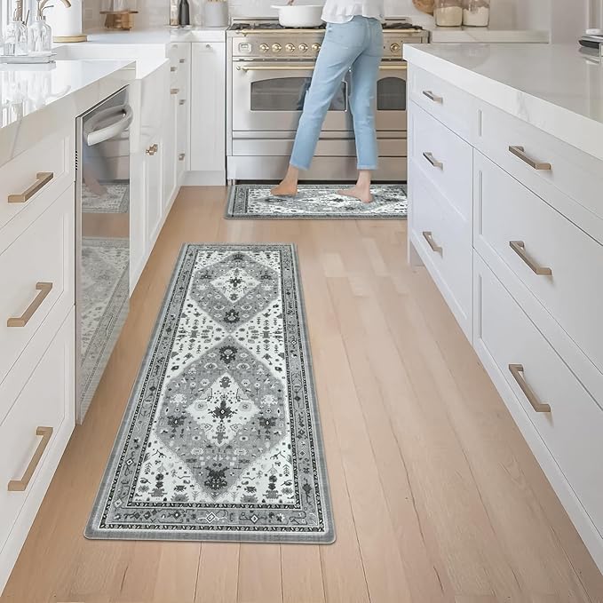 Collive Boho Kitchen Rugs and Mats 2PCS, Cushioned Anti Fatigue Kitchen Mats for Floor Waterproof Non Slip Comfort Foam Standing Mat for Kitchen,Office,Sink,Laundry,17x30+17x47