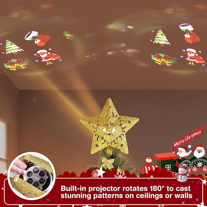 Christmas Tree Topper, Rotating 3D Hollow Sparkling Star Christmas Decorations for Tree Topper, Christmas Tree Star for Xmas Party Holiday Decorations(Gold)