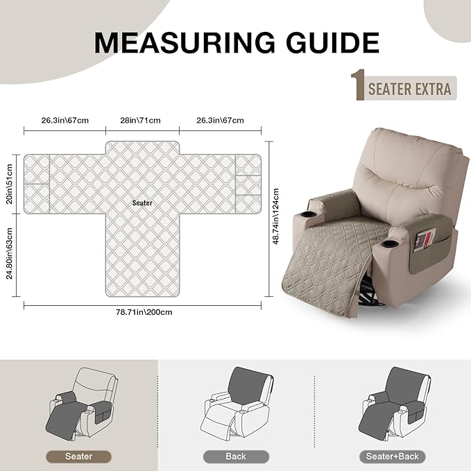 VANSOFY Recliner Chair Covers 100% Waterproof Seat Cover with Arm Reclining Cover Non-Slip Recliner Chair Covers Furniture Protector Washable Slipcover with Pocket for Pets, Dogs(Khaki, 28")