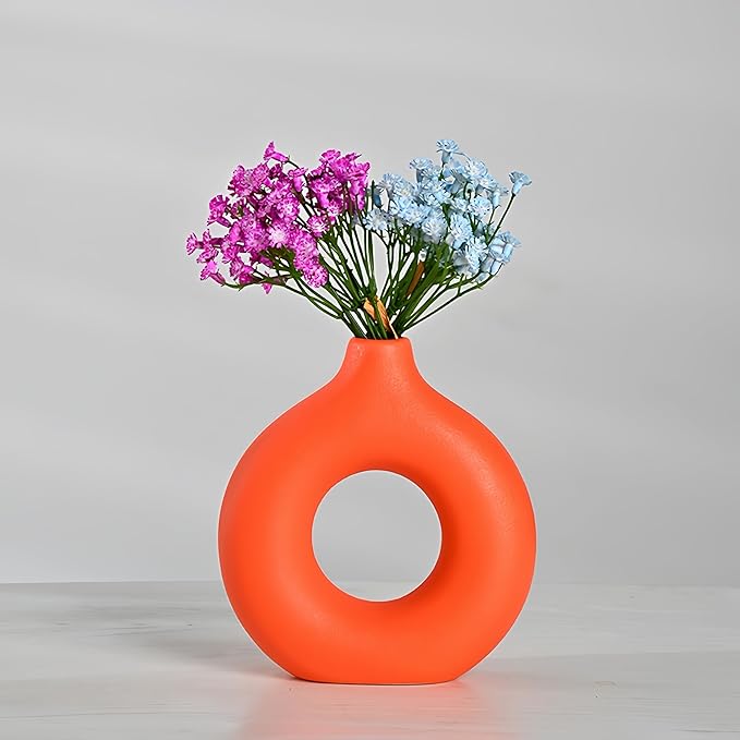 Modern Donut-Shaped Decorative Vases, Handmade Minimalist Boho ins Style, Modern Vase for Home Decor for Wedding Dinner Table Party Living Room Office Bedroom (Orange, Large + Small)