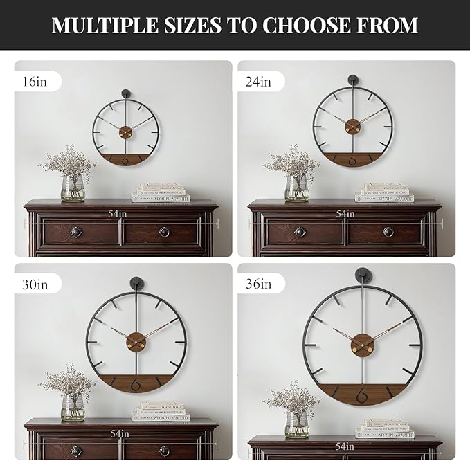 Cuspin Large Wall Clock 30 Inch Modern Farmhouse Wall Clock Battery Operated for Living Room Decor, Walnut Wood Dial with Black Metal Frame, Silent Non Ticking Clocks for Kitchen, Office, Bedroom