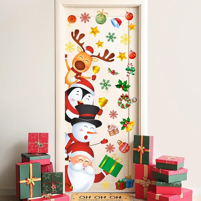 44.9x15.7 Inch Large Christmas Door Stickers Decor Removable Santa Snowman Snowflake Door Decal for Living Room Kids Bedroom Decorations Winter Xmas Holiday Party Festival Gift