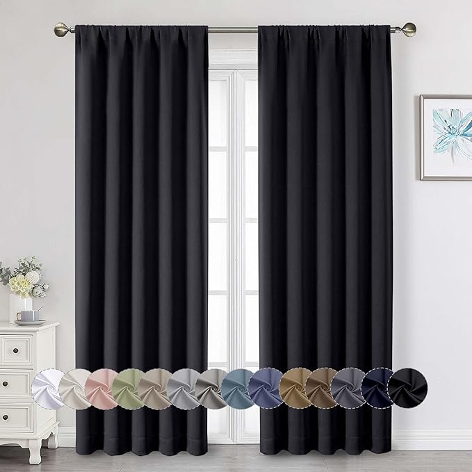 Black Blackout Curtains for Bedroom Living Room 90 Inches Long 2 Panels, Soft Solid Room Darkening Thermal Insulated Window Treatments, Rod Pocket Curtain, 50" Wx90 L