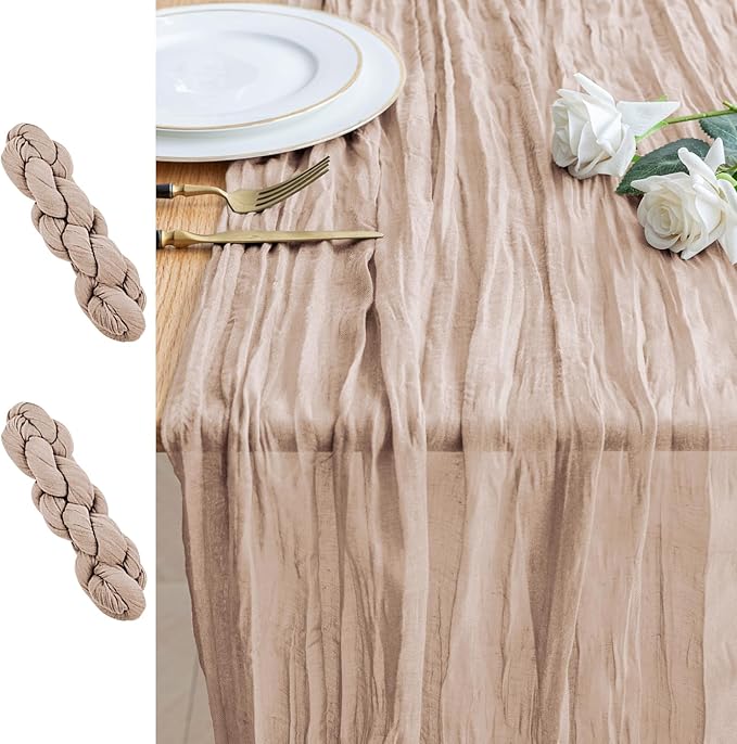 2PCS Table Runner Cheesecloth 10FT Nude Pink Boho Gauze Cheese Cloth Rustic Sheer Table Runners for Wedding Birthday Bridal Baby Shower Party Decoration