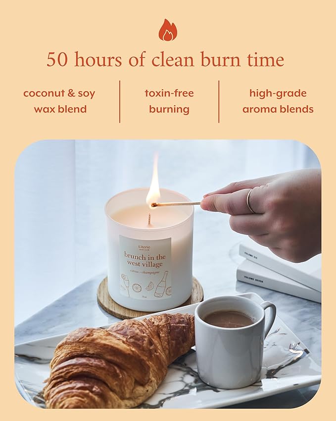 Literie NYC Inspired Scented Candle: Brunch in The West Village - Citrus & Champagne, 9oz, 50 Hour Burn, Vegan Soy & Coconut Blend Candle for Home Decor, Gift for Women & Men