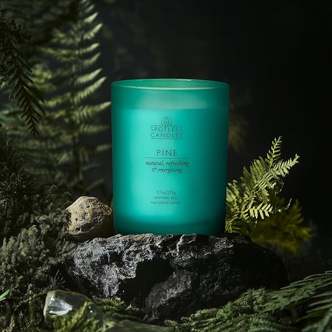 Pine Candle - 9.7 oz /275g 45-55 Hours Burn Time in Green Frosted Glass Jar with Wooden Lid and Wooden Crackling Wick in Luxurious Gift Box - Natural, Refreshing and Energising