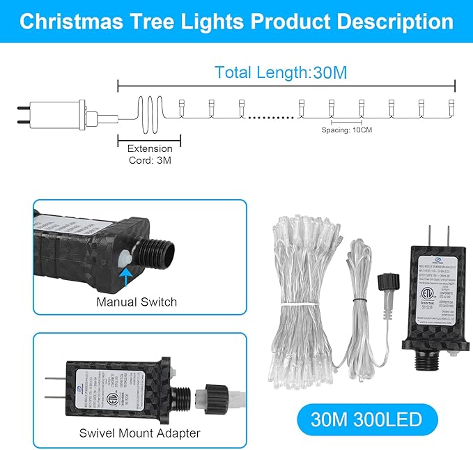 100FT 300LED Christmas Lights Plug in,Outdoor Indoor Waterproof Fairy Lights with Timer and 8 Modes,Christmas Tree Lights for Garden Party Wedding Decoration(Multi-Color)