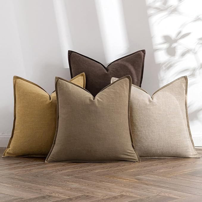 MIULEE Neutral Gold/Brown Linen Pillow Covers Pack of 4 Decorative Natural Solid Throw Pillow Covers Soft Accent Boho Farmhouse Couch Pillowcases Modern Home Decors for Living Room Bed Sofa 18x18 Inch