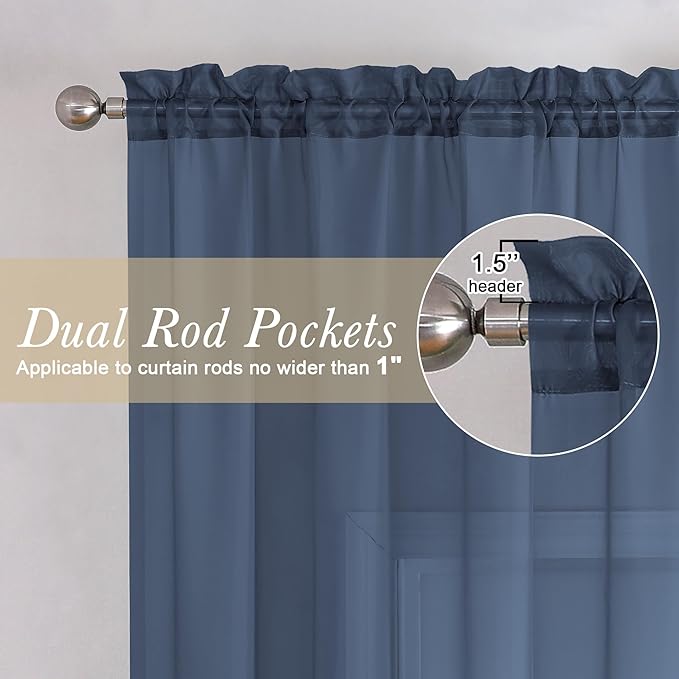 Lecloud Navy Blue Window Valance 14 Inches Long 2 PCS, Solid Voile Blue Curtains Dual Rod Pockets, Living Room Bedroom Bathroom Kitchen Curtain Half Tiers Window Treatment, 40" Wx14 L