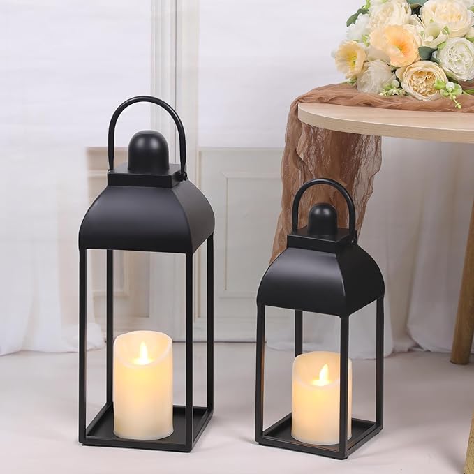Lanterns Decorative Outdoor Indoor, Black Metal Outdoor Lanterns, 17'' 13'' Set of 2 Modern Farmhouse Candle Lantern Decor Rustic Lanterns Centerpieces for Patio, Front Porch, Mantel, Wedding