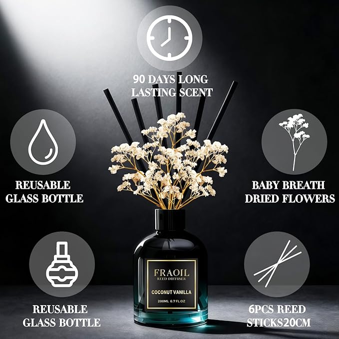 Coconut Vanilla Reed Diffuser, Reed Diffuser Set 6.7 fl oz (200 ml) with 6 Reed Sticks, Home Fragrance Reed Diffuser for Bathroom Shelf House Bedroom Office Decor