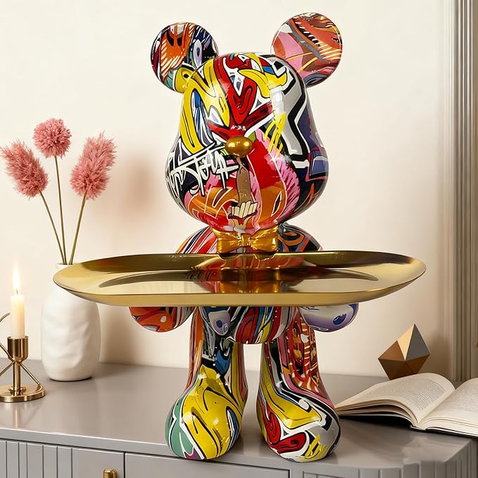 Bear Statue Resin Tray Sculpture for Home and Office Decor, Suitable for Bedroom, Living Room, Office on Table, Desktop, Shelves and Cabinet (Graffiti)