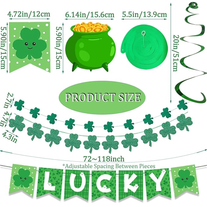 Go Ho St Patricks Day Decorations Kit, Shamrock Garlands, Lucky Banner, Clover Hanging Swirls, Irish Decor for Home Office, Green Saint Patrick's Day Party Supplies Bulletin Board