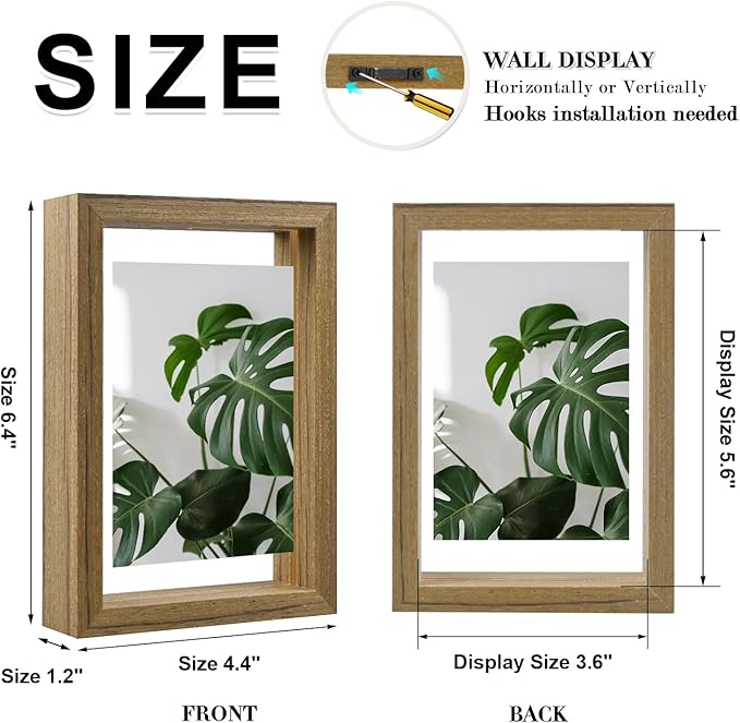 Egofine 4x6 Floating Frames Set of 2, Double Plexiglass Picture Frame, Made of Solid Wood Display Any Size Photo up to 4x6, Wall Mount or Tabletop Standing, Carbonized