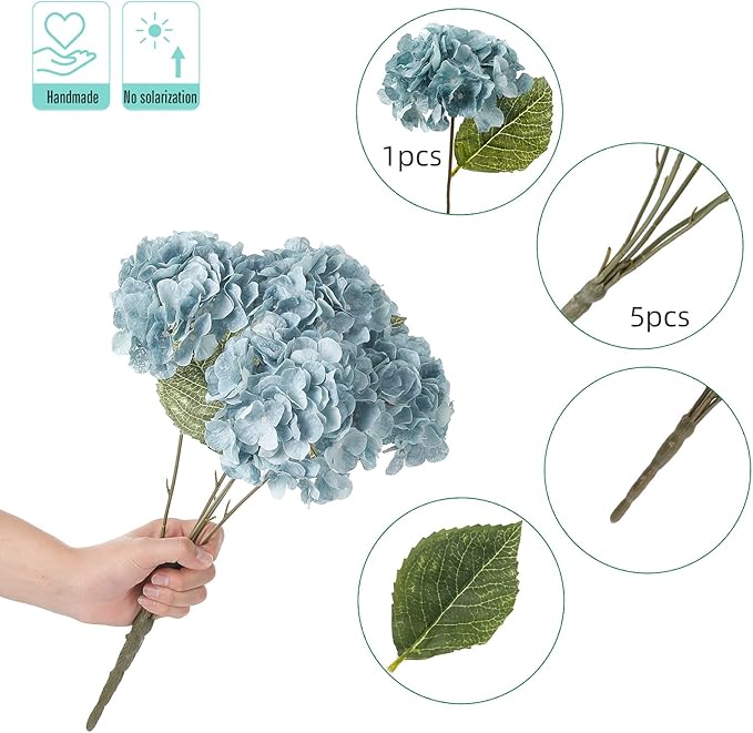 Kimura's Cabin 2Bouquets Fake Hydrangea Flowers Vintage Artificial Silk Hydrangeas Flower 10Heads Faux Floral for Home Table Centerpieces Wedding Party Decoration(Sky Blue