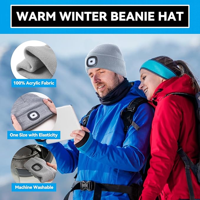 Christmas Stocking Stuffers for Men Adults, Beanie Hats with Light, USB Rechargeable LED Hand Free Headlamp, Birthday Gifts for Men, Women, and Teens, Ideal for Camping, Hiking, Grey