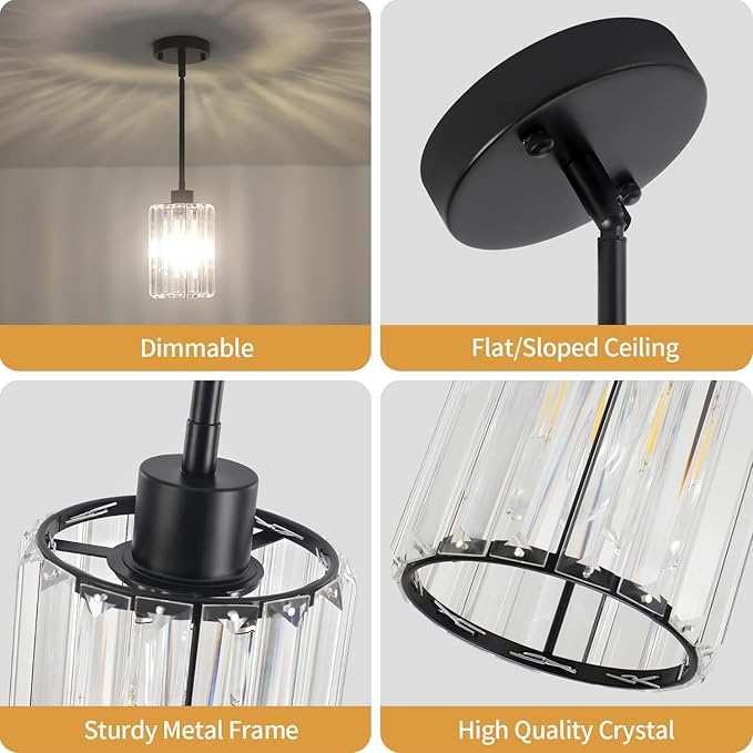 2 Pack Black Pendant Light, Modern Crystal Pendant Lights Kitchen Island Lighting, Hanging Light Fixtures Mini Chandelier Pendant Lights for Island Dining Room Hallway Bedroom